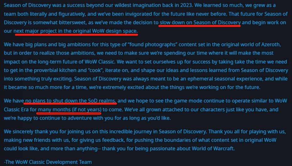wow classic dev announcement about season of discovery